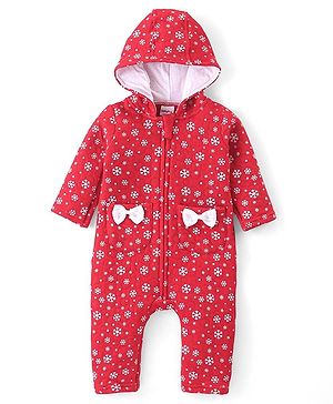 Babyhug Winter Polyfill Full Sleeves Hooded Romper with Intarsia Print & Bow Applique - Red