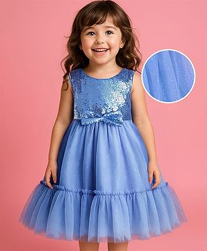 Babyhug Woven Sleeveless Sequined Yoke Mesh Tiered Party Frock with Bow Applique - Blue