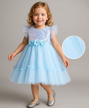Babyhug Woven Ruffles at Sleeves Sequined Yoke Mesh Tiered Party Frock with Floral Applique - Light Blue