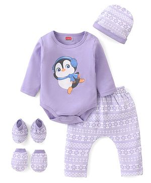 Babyhug 100% Cotton Full Sleeves Onesie with Leggings Cap Mittens & Booties Penguin Print - Lilac