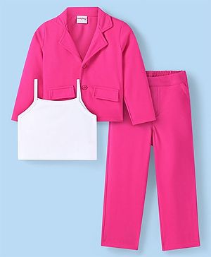 Babyhug Woven Full Sleeves Solid Colour Blazer with Top & Bottom Wear Set - Dark Pink