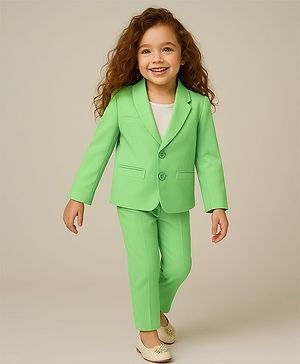 Babyhug Knit Full Sleeves Solid Colour Blazer with Top & Trouser Set - Light Green