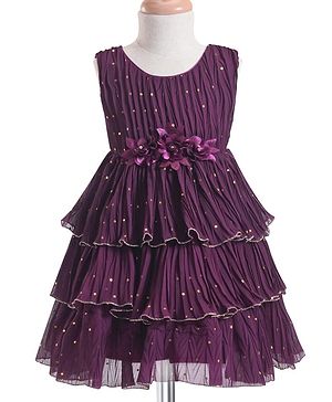 Babyhug Sleeveless Layered Party Frock with Foil Print & Floral Applique - Wine