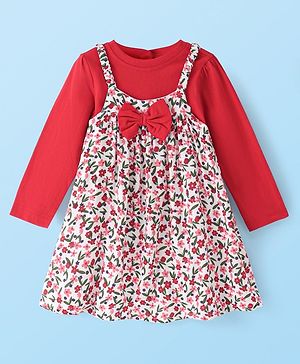 Babyhug Viscose Woven Floral Printed Frock With Full Sleeves Solid Inner Tee - Red & White