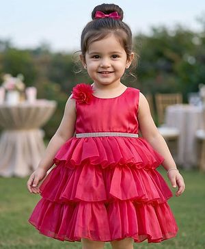 Babyhug Woven Sleeveless Layered Party Dress with Floral & Rhinestones Waist Belt Applique - Red