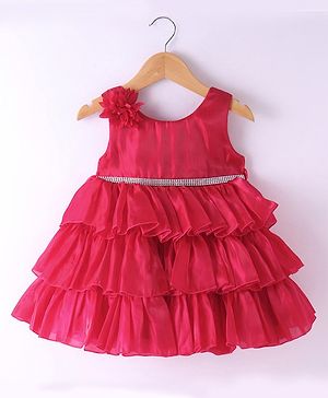 Babyhug Woven Sleeveless Layered Party Dress with Floral & Rhinestones Waist Belt Applique - Red
