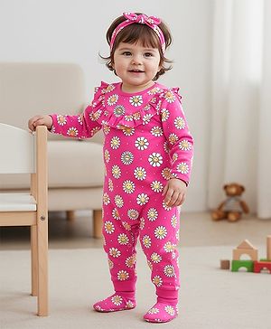 Babyhug 100% Cotton Knit Full Sleeves Frill Detailed Romper with Headband & Booties Floral Print- Dark Pink