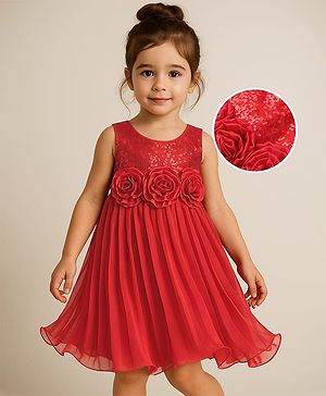 Babyhug Woven Sleeveless Party Dress With Floral Applique & Sequinned Yoke - Red