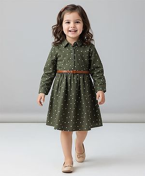 Babyhug Viscose Full Sleeves Frock with Polka Dot - Olive Green