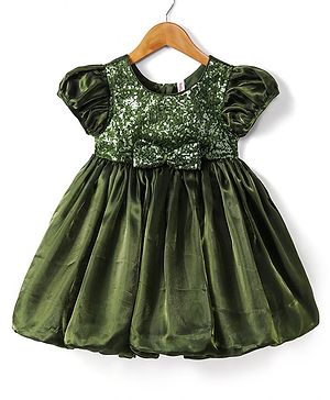 Babyhug Woven Half Sleeves Party Dress With Sequinned Yoke & Bow Applique - Dark Green