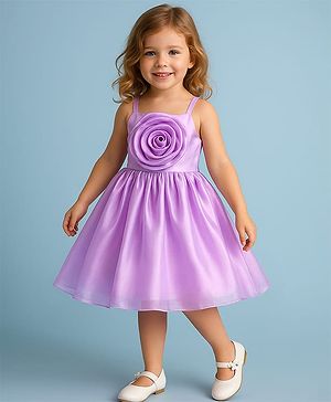 Babyhug Woven Singlet Sleeves Solid Party Frock with Floral Corsage at Yoke - Lilac