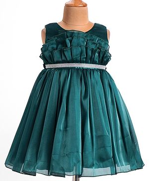 Babyhug Woven Sleeveless Party Frock with Frills at Yoke & Lace Detailing - Dark Green
