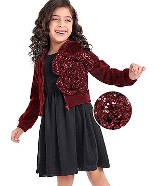 Hola Bonita Knit Full Sleeves Mandarin Collared Jacket with Floral Corsage & Knee Length Glitter Party Dress - Red