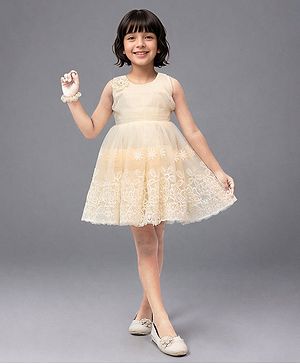 TOONYPORT Net Sleeveless Floral Embroidered Dress - Cream