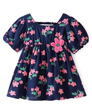 Babyhug Viscose Woven Half Sleeves Frock with Floral Print - Navy Blue