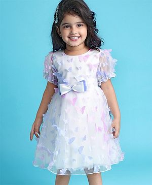 Babyhug Puffed Sleeves Fit And Flare Party Wear  Frock  With Butterfly & Bow Applique - White &  Lavender