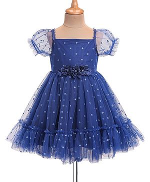 Babyhug Woven Half Puffed Sleeves Polka Dots Glitter  Printed Mesh Party Frock  with Floral Applique - Blue
