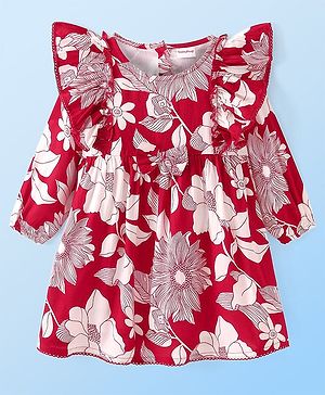 Babyhug Viscose Woven Full Sleeves Frock with Floral Print Frill Detailing & Bow Applique - Maroon