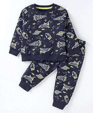 Smarty Boys Fleece Knit Full Sleeves Winter Night Suit with Space Theme Print - Navy Blue