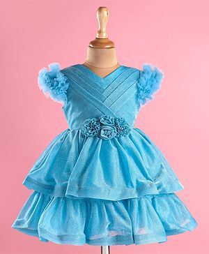 Babyhug Woven Half Ruffle On Sleeves Shimmered Layered Party Frock with Floral Applique & Pleats Detailing - Light Blue