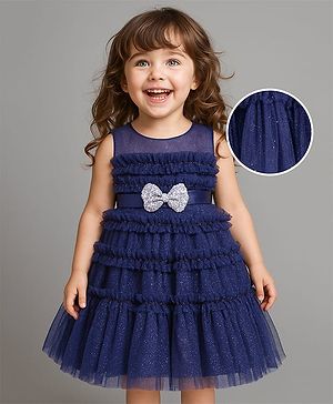 Babyhug Woven Sleeveless Fit & Flared Party Frock with Sequin Bow Applique & Frill Detailing - Navy Blue
