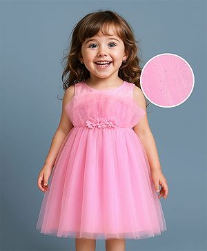 Babyhug Woven Sleeveless Mesh Shimmered Party Frock with Floral Corsage  - Pink