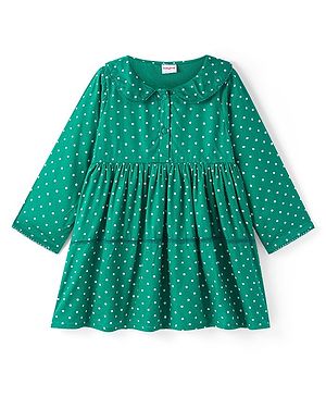 Babyhug Viscose Woven Full Sleeves Polka Dots Printed Tiered Frock with Peter Pan Collar - Teal Blue