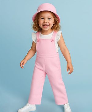 Babyhug Woven Frill Sleeves Solid Colour Top & Corduroy Dungaree with Hat - Pink & White