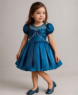 Babyhug Woven Sleeveless Party Dress With Bow Applique & Sequin Detailing - Teal blue