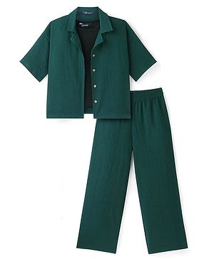 Pine Kids Woven Half Sleeves Solid Colour Collared Top & Pant Set with Vest- Dark Green