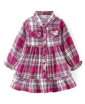 Babyhug Woven Full Peasant Sleeves Checkered Frock with Collar & Pocket Detailing - Pink