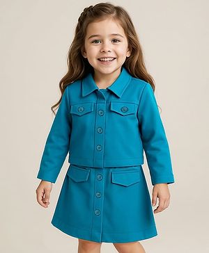 Babyhug Woven Full Sleeves Solid Colour Party Collared Top & Skirt Set with Pockets - Teal Blue