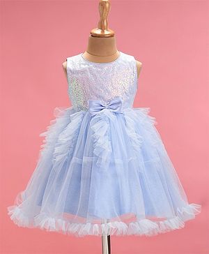 Babyhug Woven Sleeveless Sequined Fit & Flared  Party Frock with Bow Applique & Frill Detailing - Sky Blue