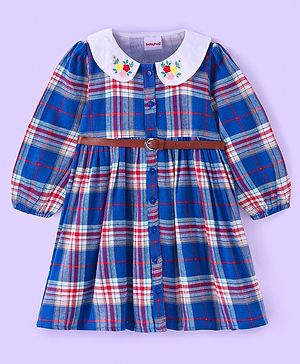 Babyhug Cotton Woven Full Sleeves Peter Pan Collared Checkered Frock With Floral Embroidery & Belt - Blue