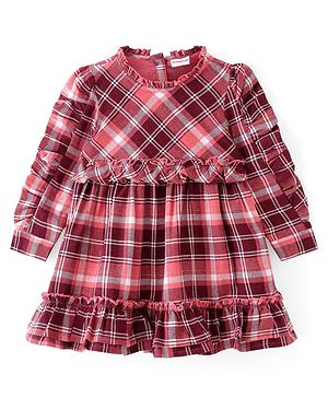 Babyhug Woven Full Sleeves Checkred Frock with Frill Detailing - Pink