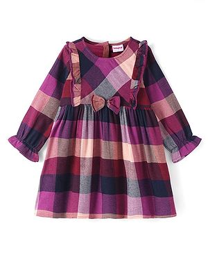 Babyhug Cotton Woven Full Sleeves Checkered Frock With Frill & Bow Detailing - Wine