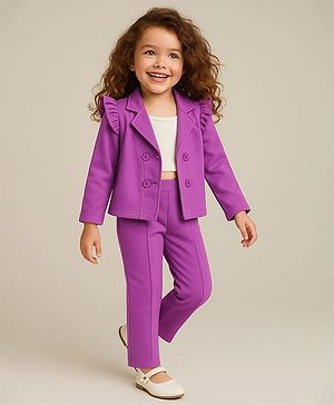 Babyhug Knit Full Sleeves Solid Colour Frill Detailed Blazer with Top & Trouser Set - Purple
