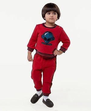 One Friday Cotton Full Sleeves Alien Printed Sweatshirt With Pajama - Red