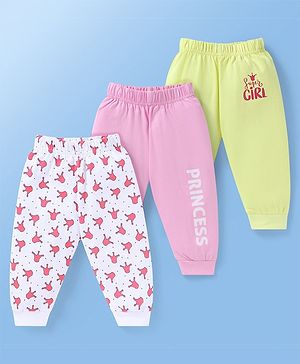 Doodle Poodle Single Jersey Knit Full Length Lounge Pants With Text & Crown Print Pack Of 3 - White Lime & Pink