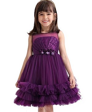 Babyhug Woven Sleeveless Fit and Flare Party Frock with Corsage & Frill Details At Hem - Wine