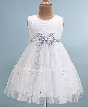 Babyhug Woven Sleeveless Foil Printed Fit & Flared Party Frock with Bow Applique - White