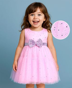 Babyhug Woven Sleeveless Foil Printed Fit & Flared  Party Frock with Bow Applique - Pink