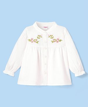 Babyhug Rayon Woven Full Sleeves Mandarin Collared Top with Floral Embroidery - White