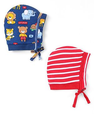 Babyhug 100% Cotton Knit Caps With Stripes & Animal Print Pack Of 2 - Red & Navy