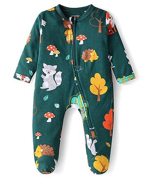 Babyhug Cotton Knit Full Sleeves Footed Sleepsuit with Animal Print - Dark Green
