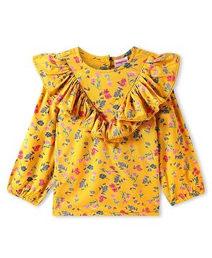 Babyhug Rayon Woven Full Sleeves Top with Floral Print & Frill Detailing - Yellow