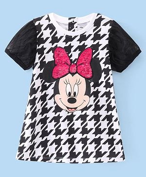 Babyhug Disney Cotton Knit Half Mesh Detailed Sleeves Frock With Mickey Mouse Graphics & Sequins Detailing - Black & White