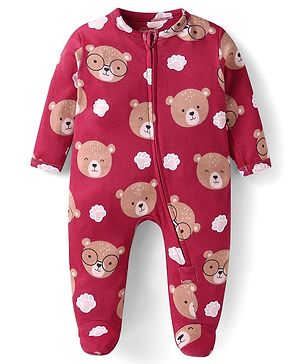 Babyhug Cotton Knit Full Sleeves Sleep Suit With Teddy Bear Print - Maroon