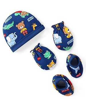 Babyhug 100% Cotton Interlock Knit Cap Mitten & Booties with Animal   Print -Navy Blue