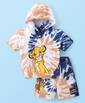 Babyhug Disney Cotton Knit Half Sleeves Hooded Tie & Dye Sweatshirt & Shorts Set With Lion King Graphics & Badge Detailing - Brown & Navy